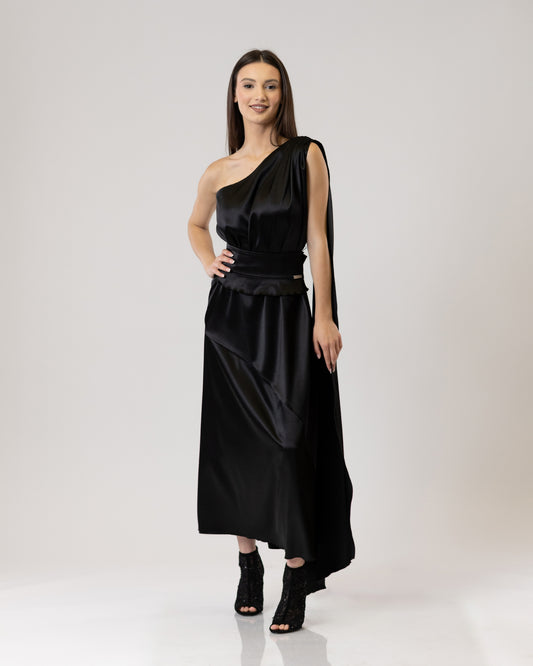 "Allegra" – Asymmetrical Satin Midi Dress