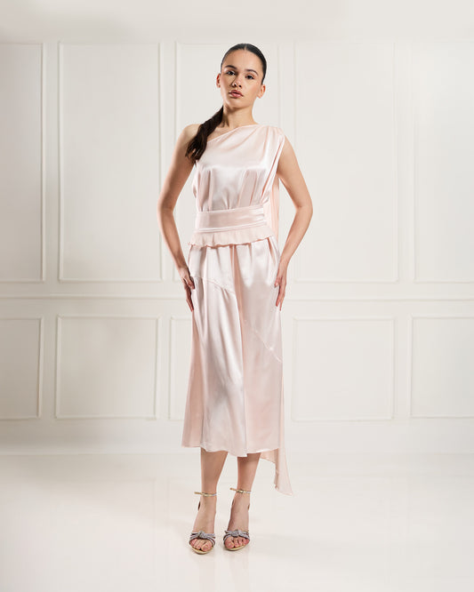 "Allegra" – Asymmetrical Satin Midi Dress
