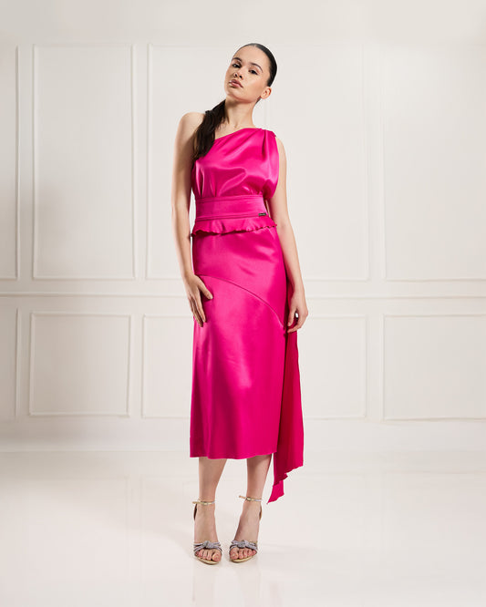 "Allegra" – Asymmetrical Satin Midi Dress