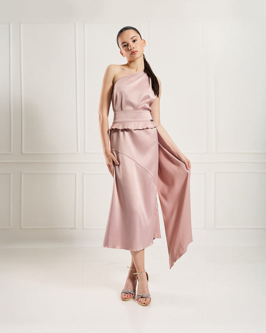 "Allegra" – Asymmetrical Satin Midi Dress