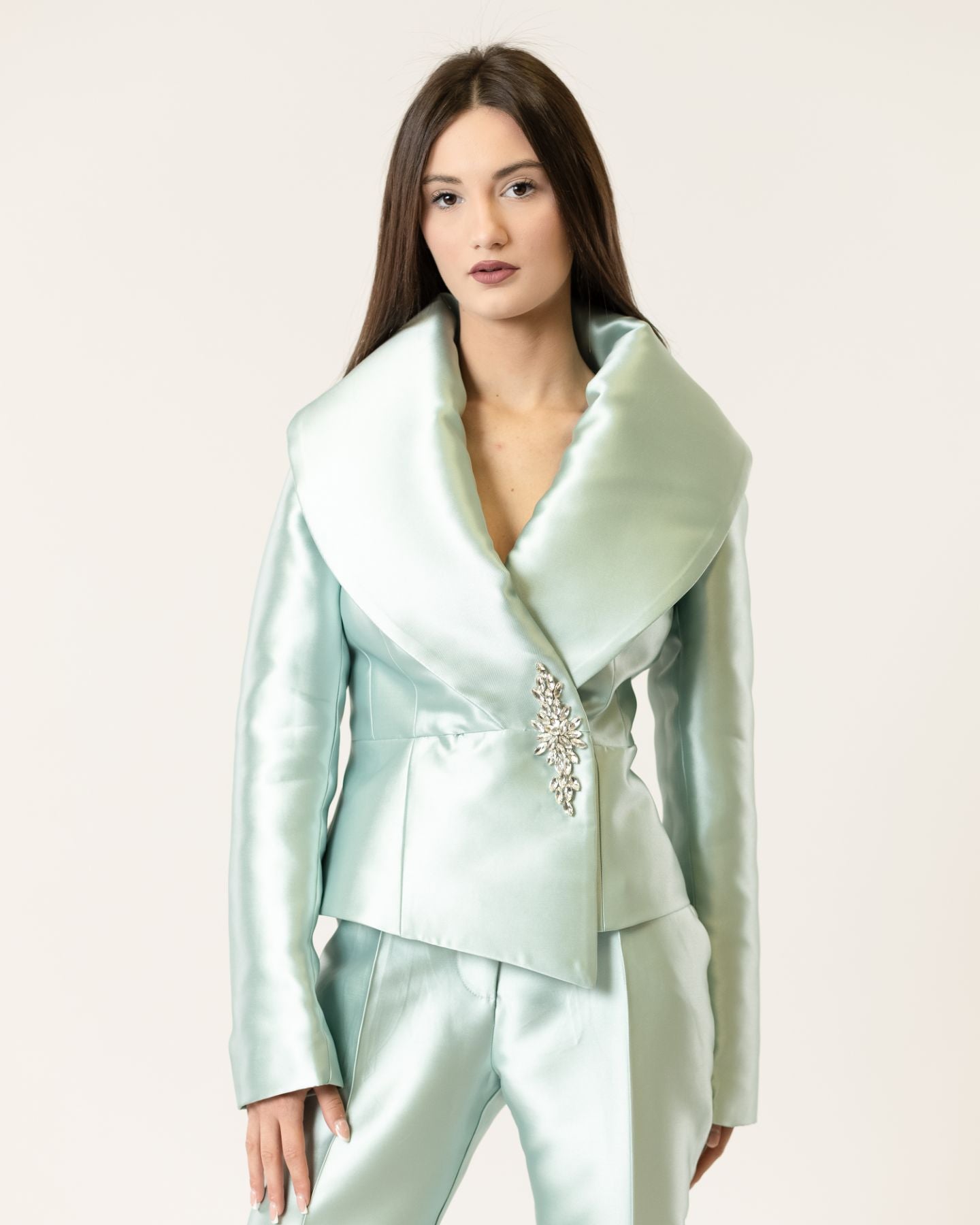 Opulent Collar Blazer & Satin Tailored Pants Set