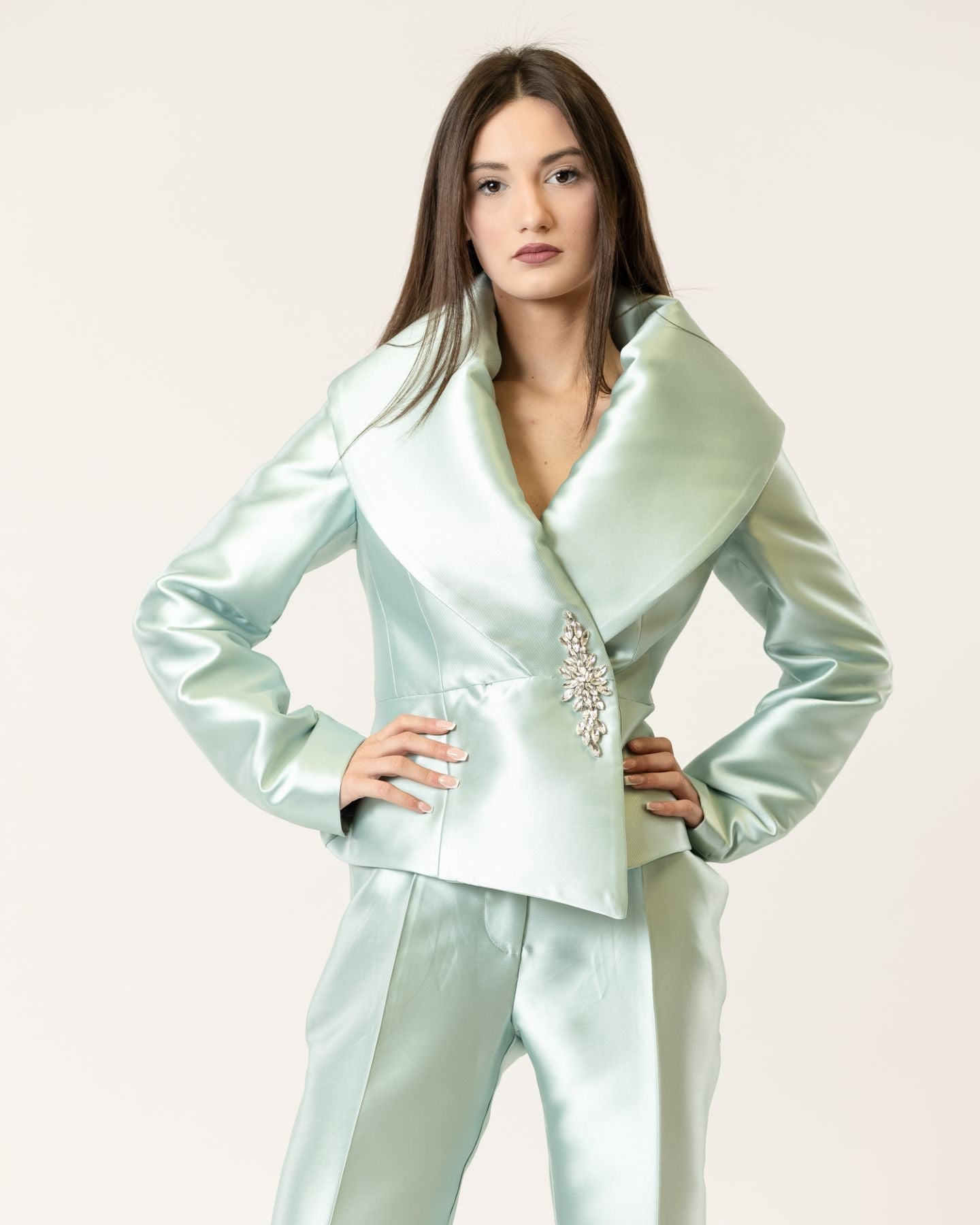 Opulent Collar Blazer & Satin Tailored Pants Set