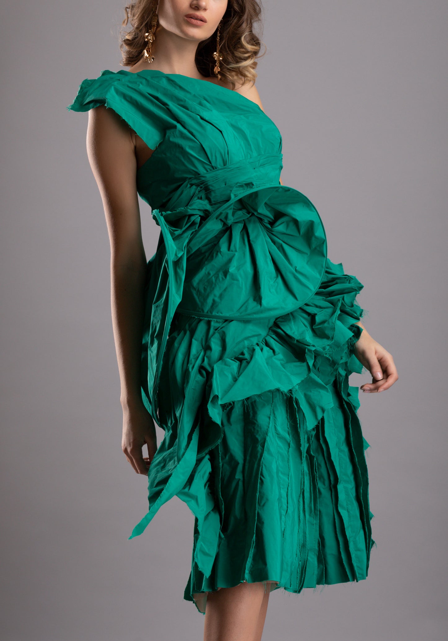 Unique One-Shoulder Emerald Taffeta Dress
