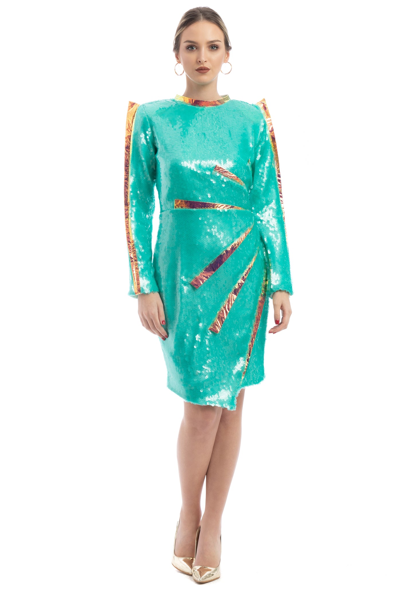 Exclusive Turquoise & Gold Sequin Cocktail Dress