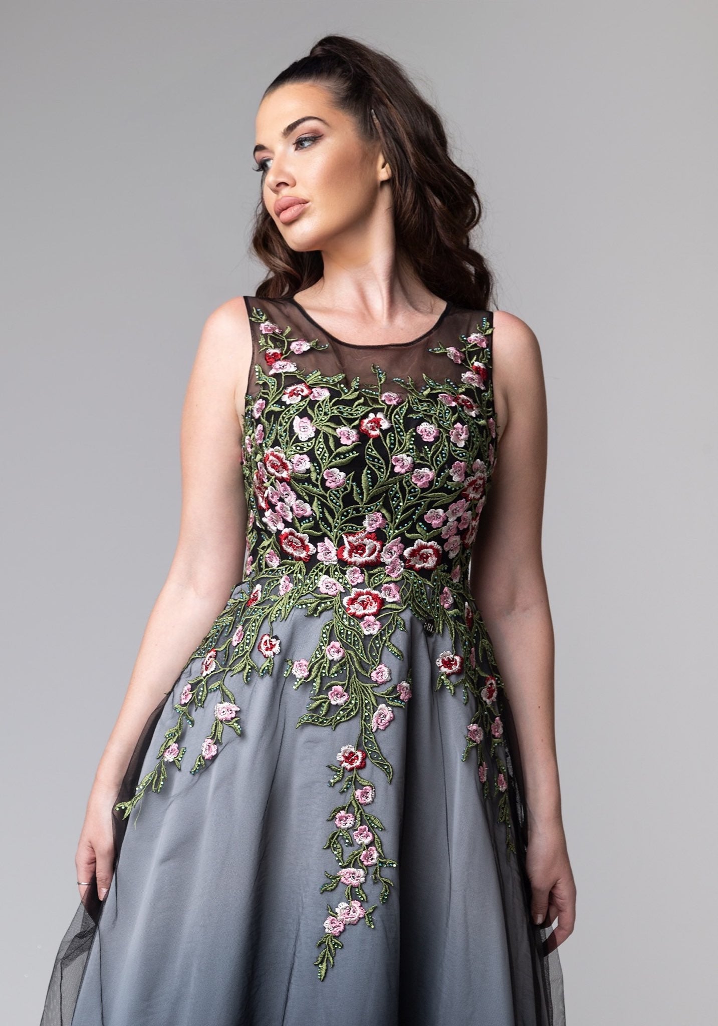 Black long dress with floral elements