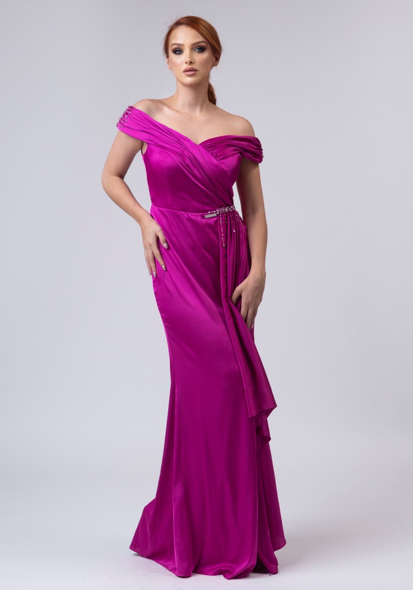 Long one shoulder dark pink dress