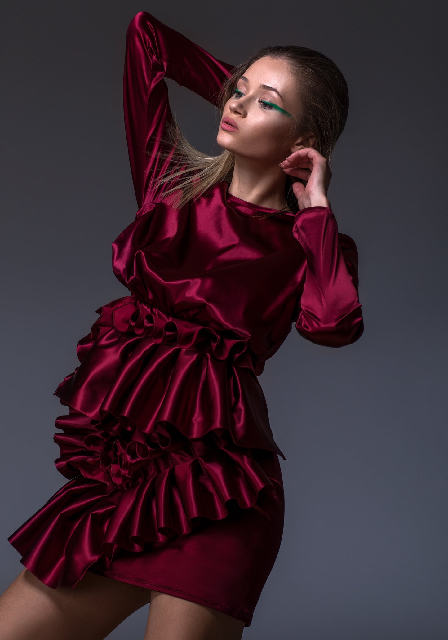 Bianca Frill Ruffled Satin Long Sleeve Party Dress