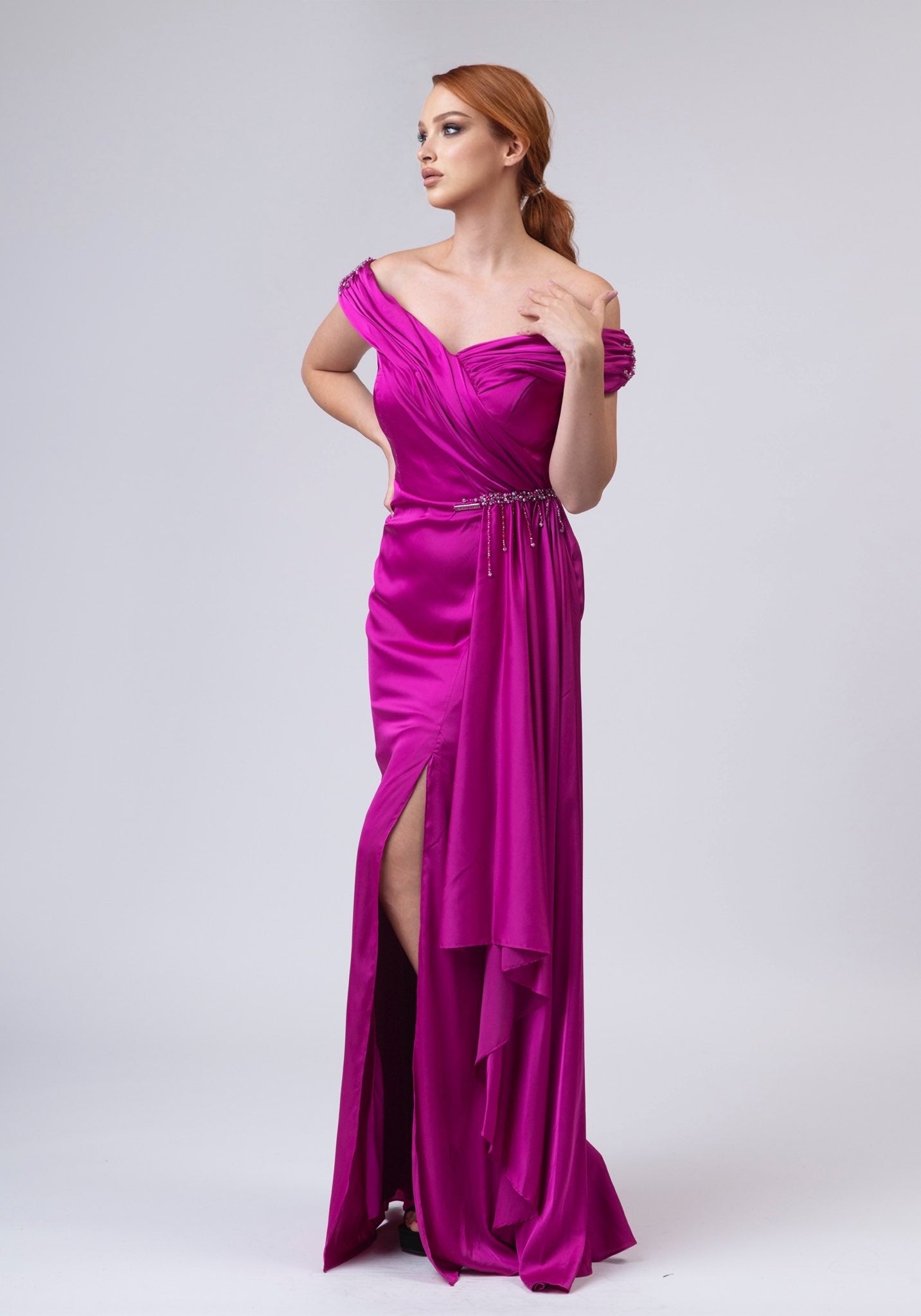 Long one shoulder dark pink dress