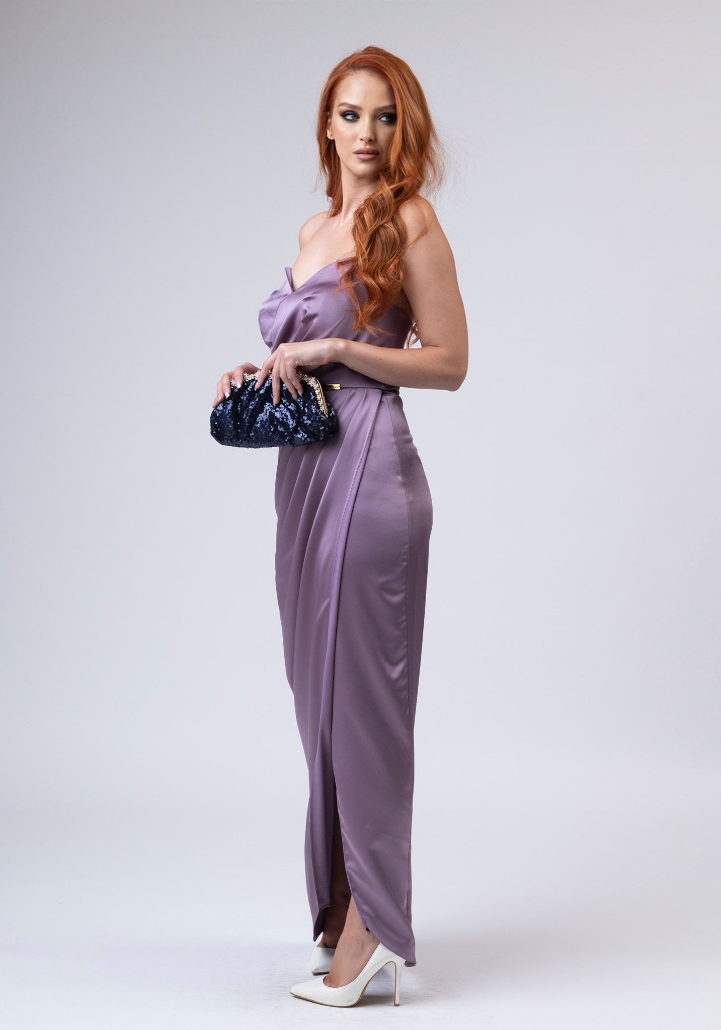 Long corseted violet dress