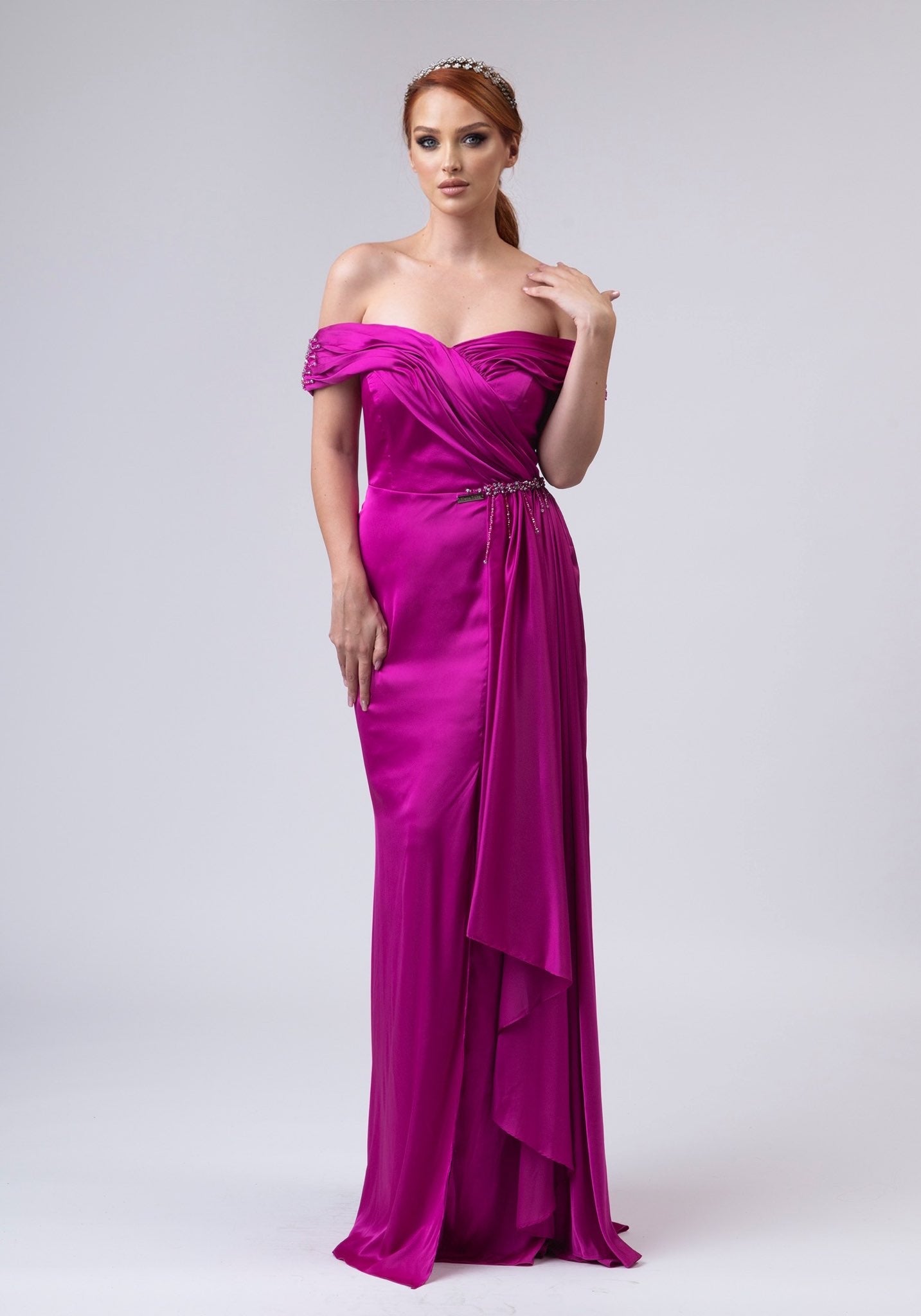 Long one shoulder dark pink dress