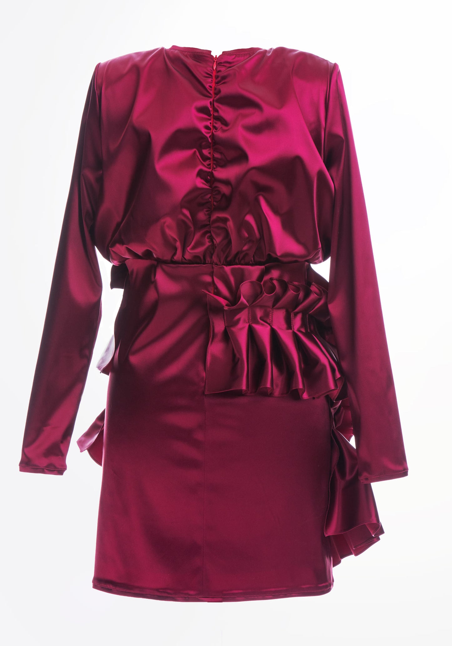 Bianca Frill Ruffled Satin Long Sleeve Party Dress