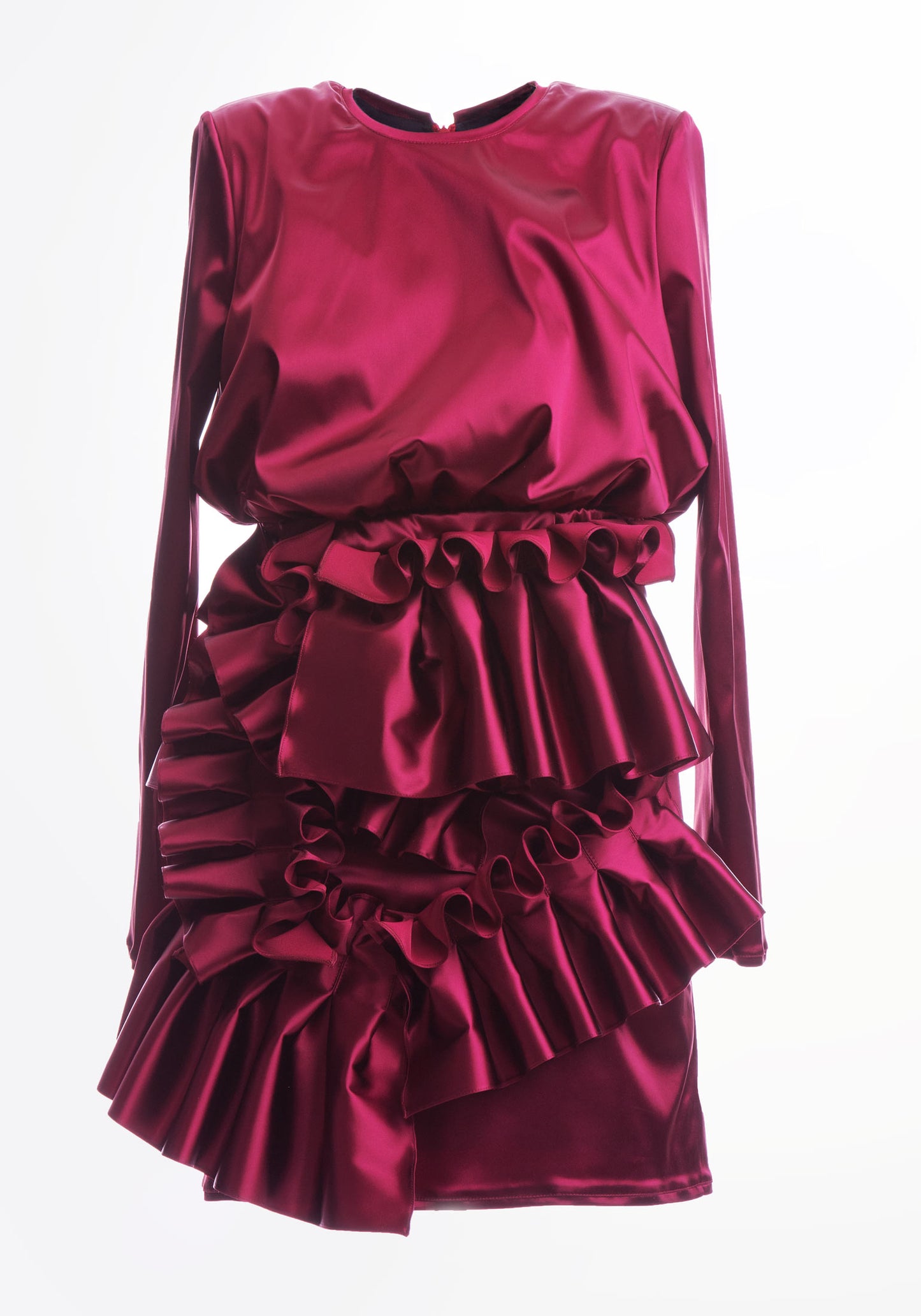 Bianca Frill Ruffled Satin Long Sleeve Party Dress