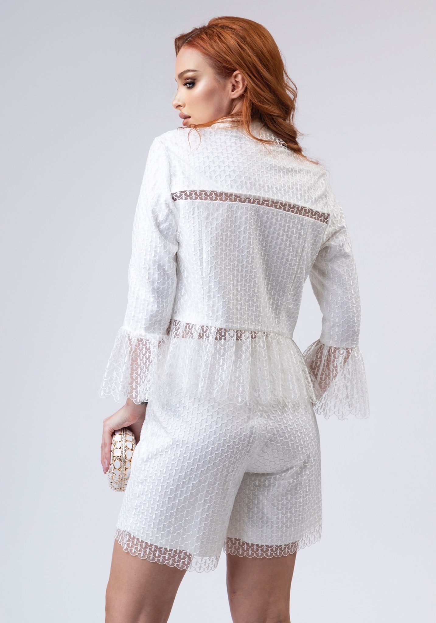 White lace shirt and shorts co-ord
