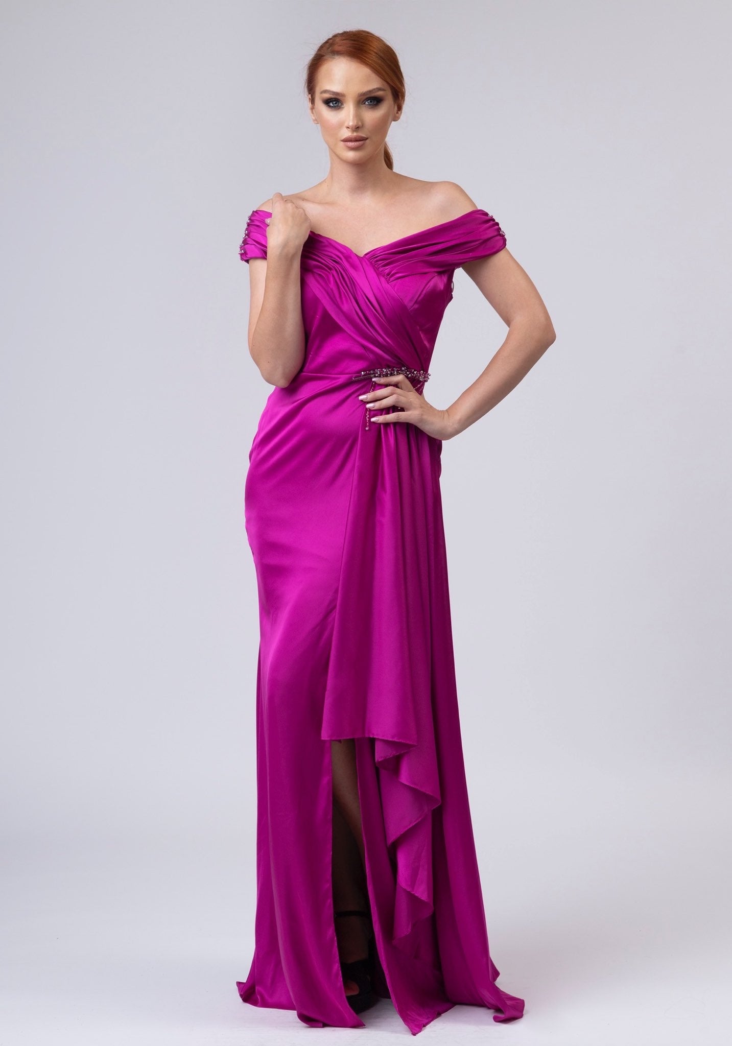 Long one shoulder dark pink dress