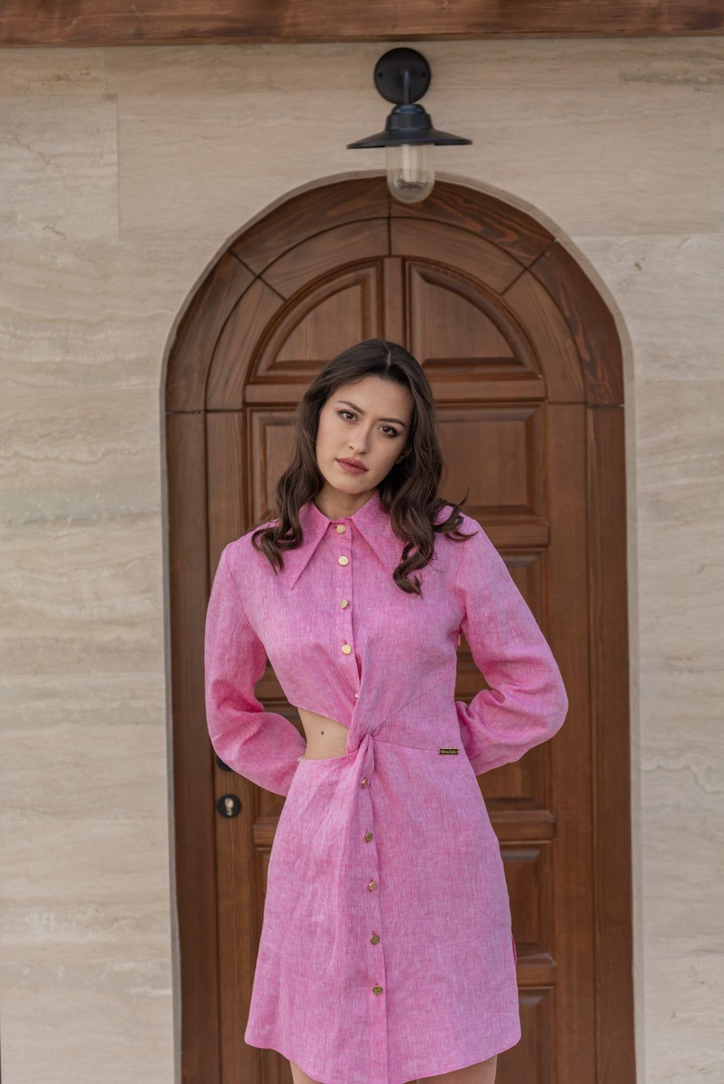 Linen pink spring shirt dress