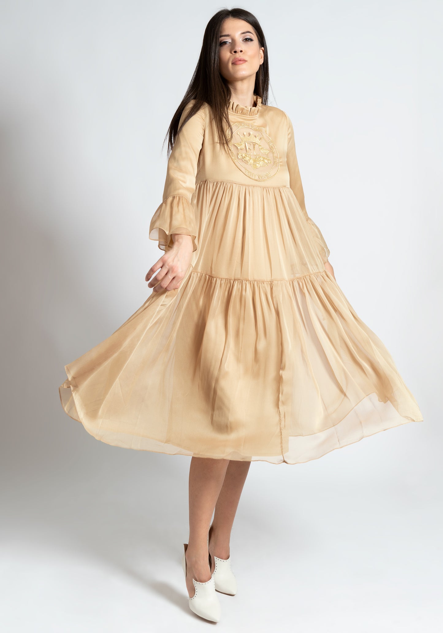 Embroidered Long Beige Dress