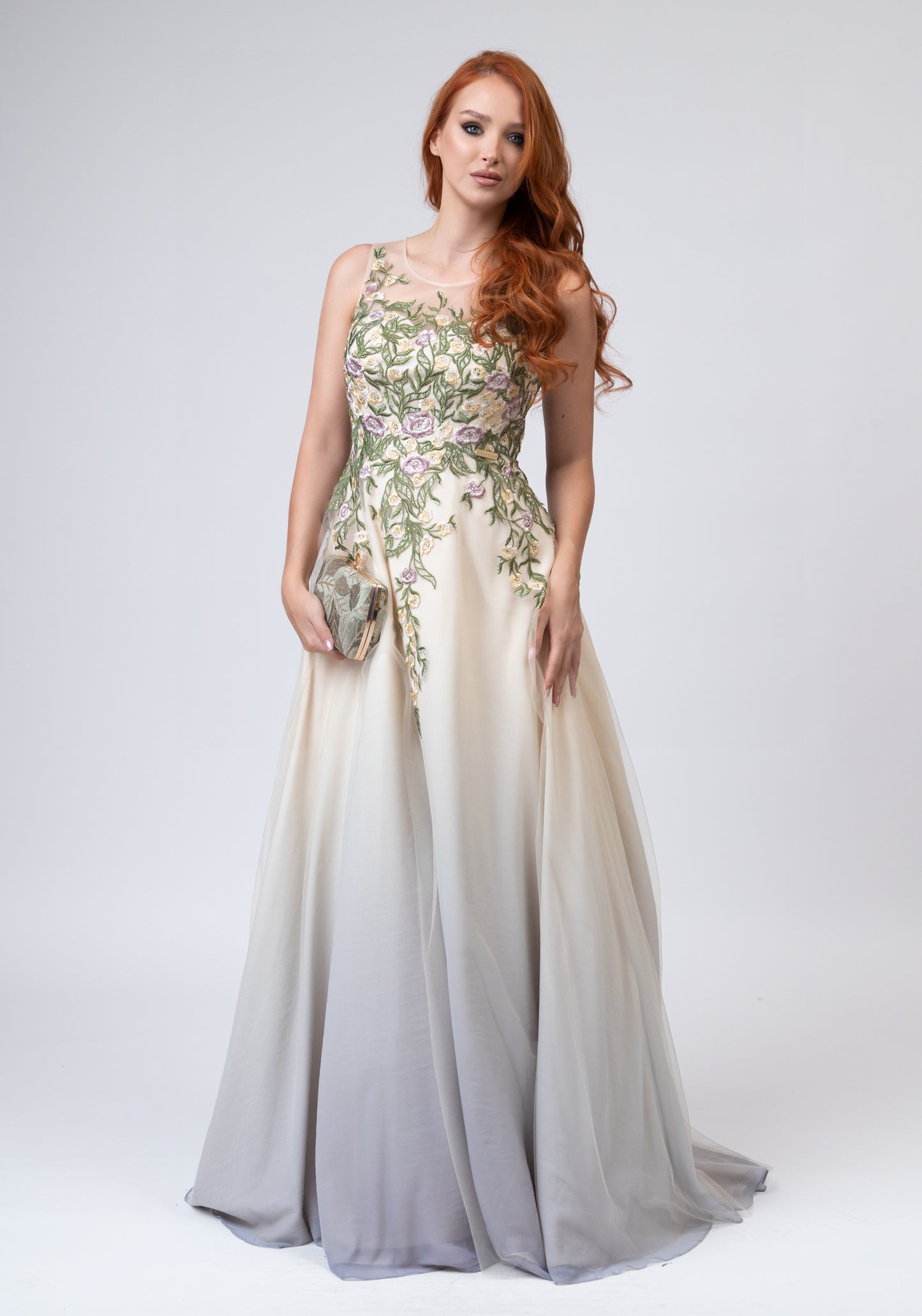 White long dress with floral elements