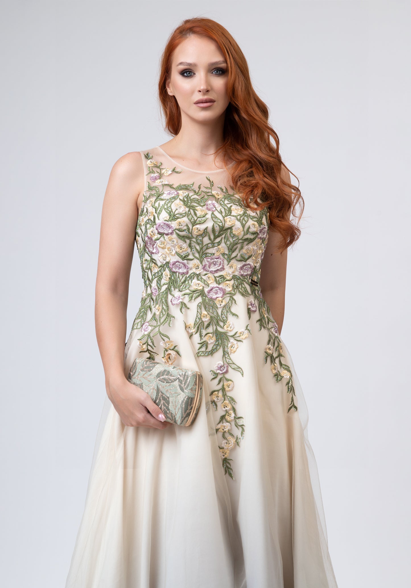 White long dress with floral elements