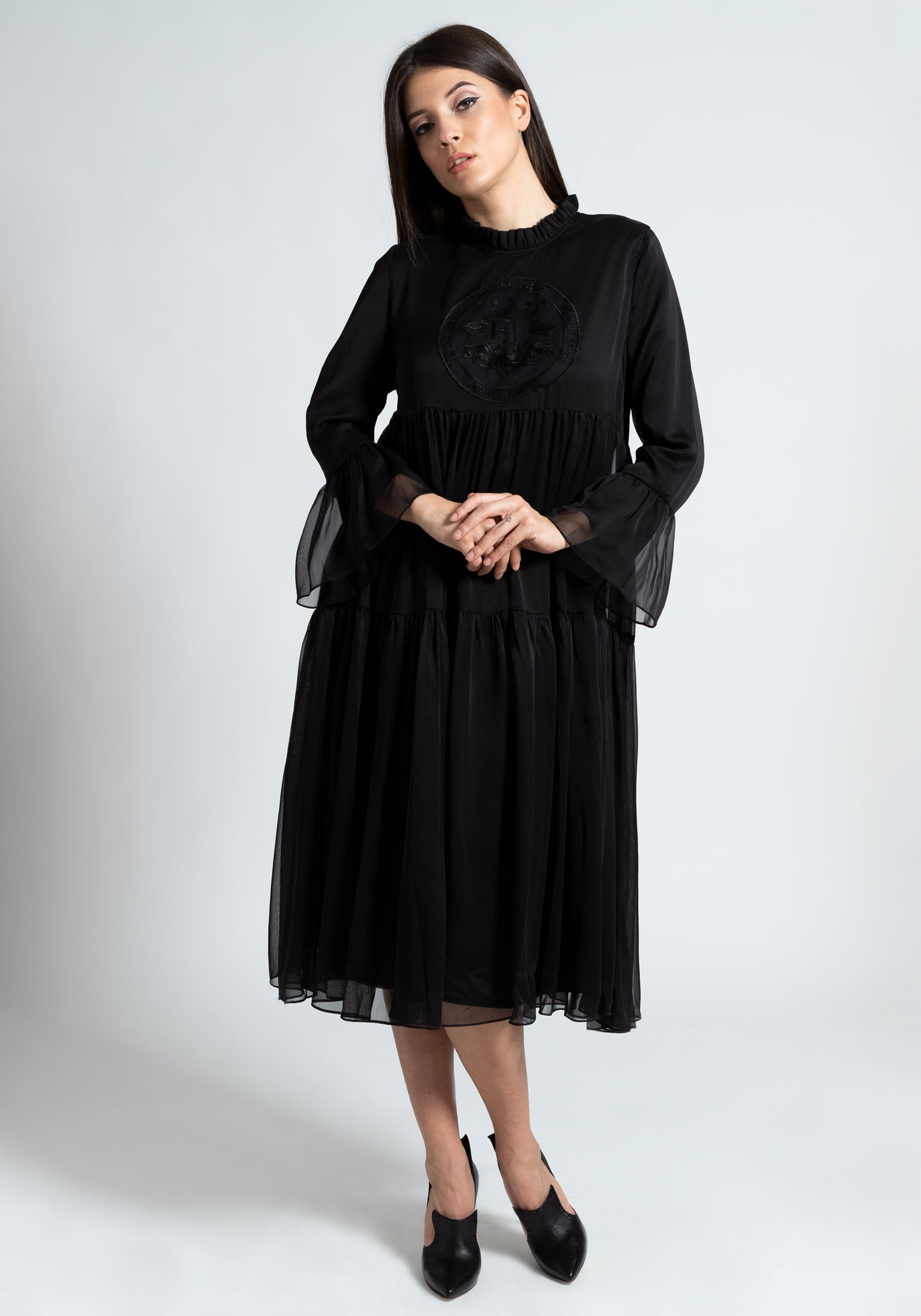 Embroidered Long Black Dress