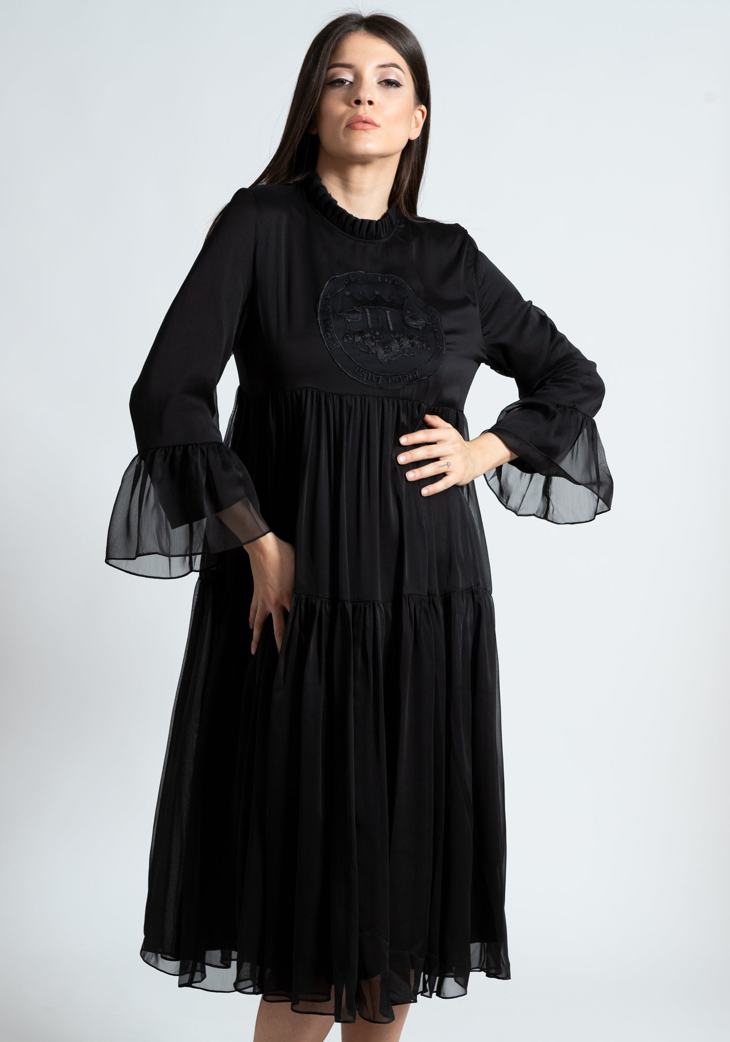 Embroidered Long Black Dress