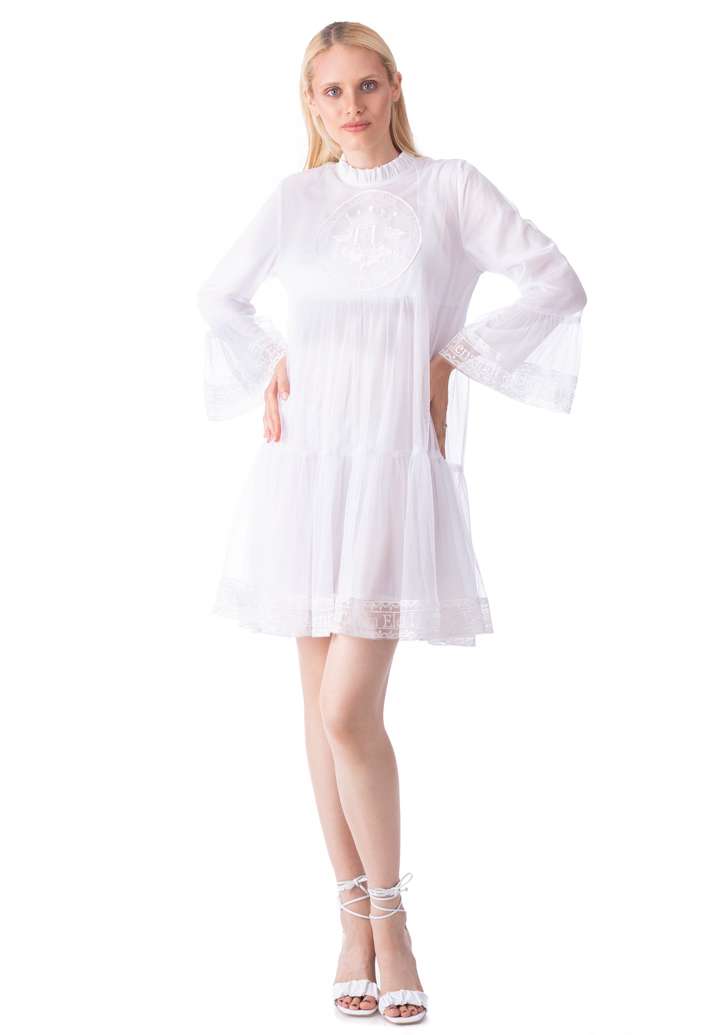 Embroidered Short White Tulle Dress
