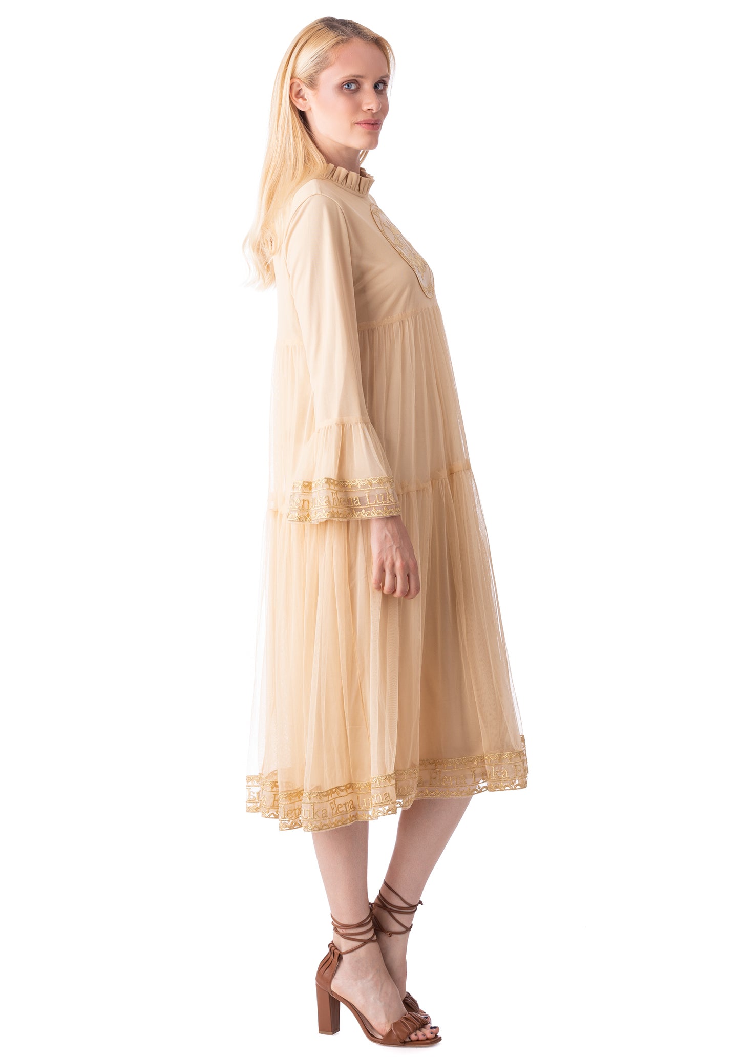 Embroidered Long Beige Tulle Dress