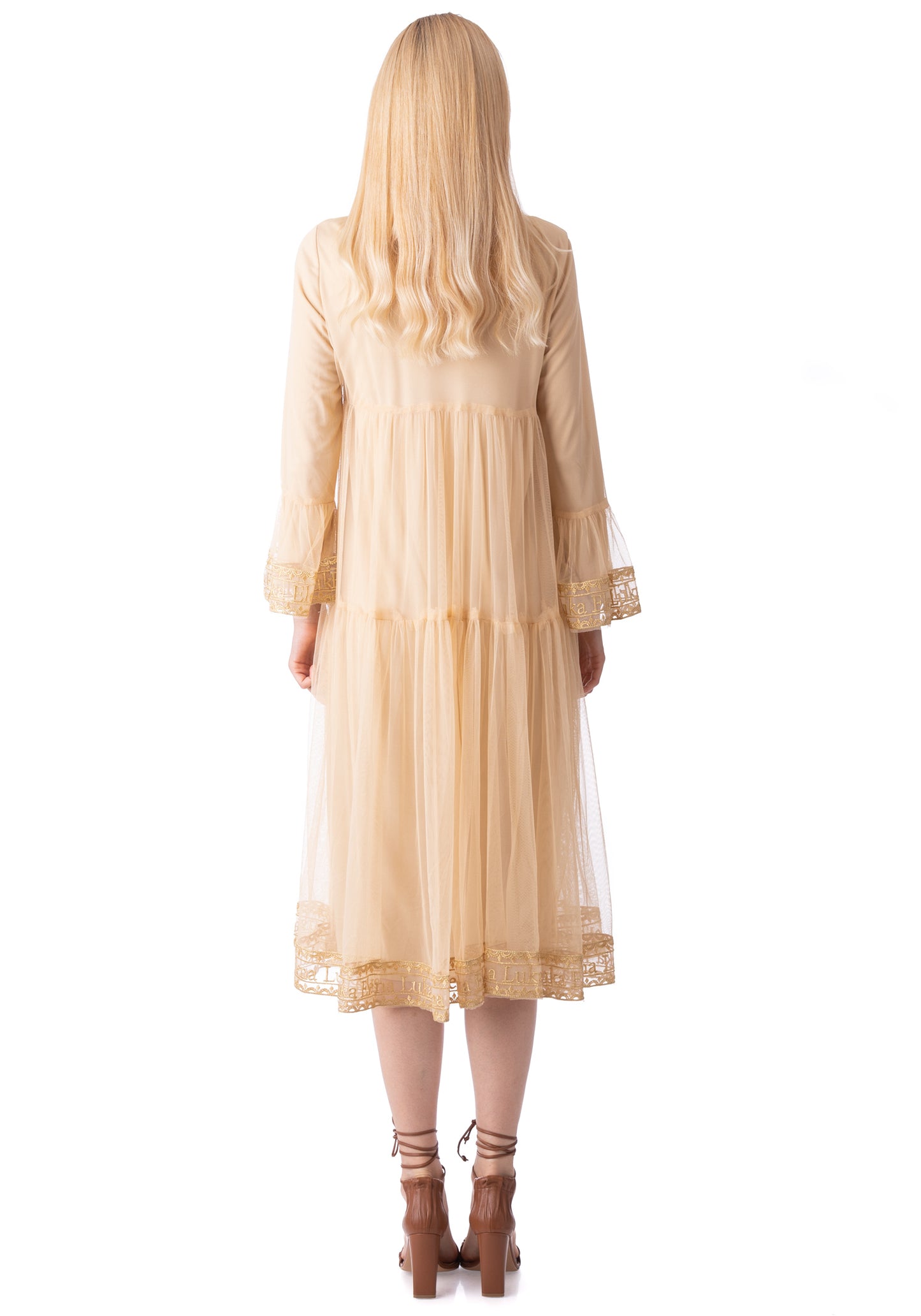 Embroidered Long Beige Tulle Dress