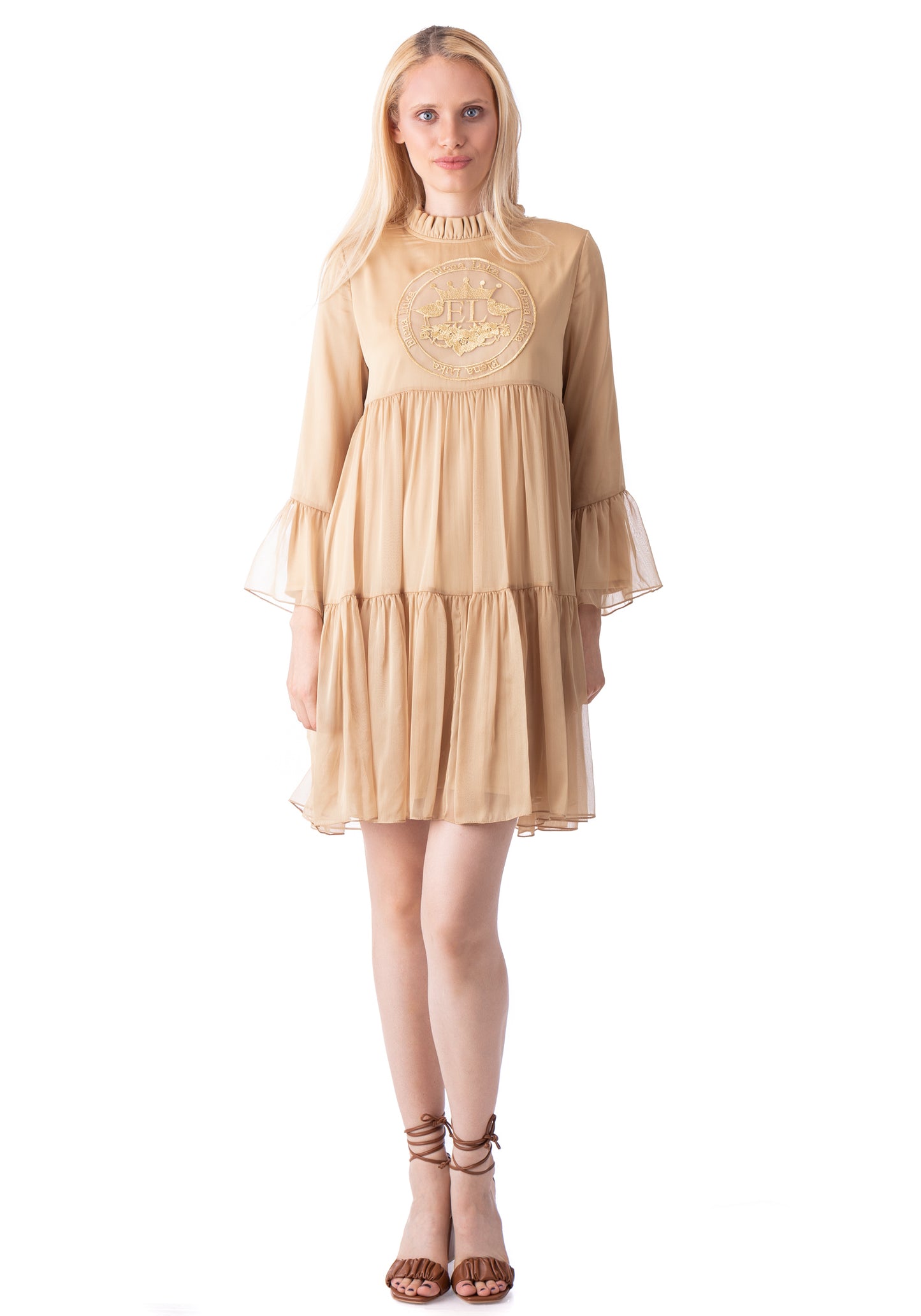Embroidered Short Beige Dress