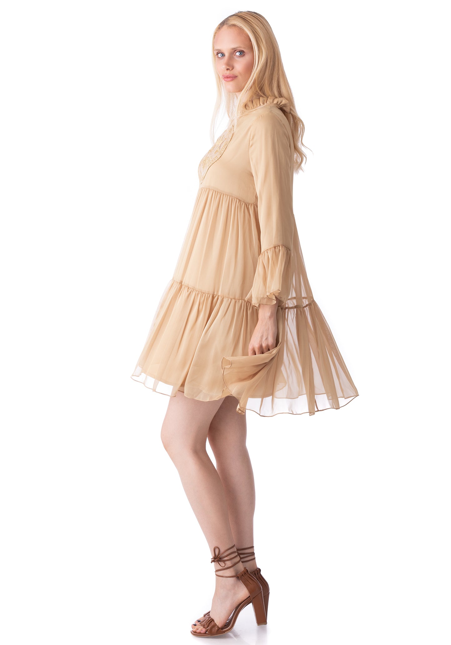 Embroidered Short Beige Dress