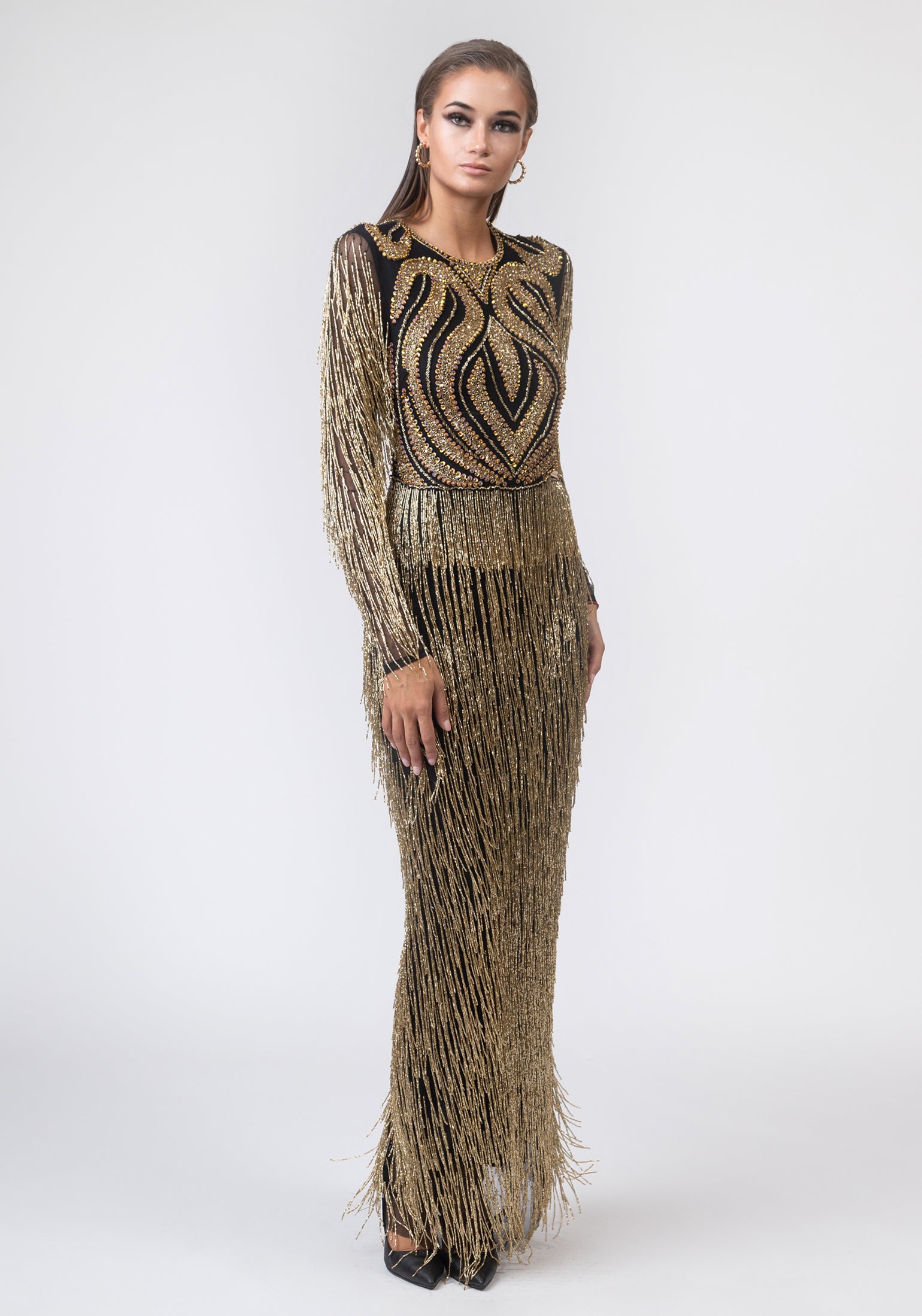 Long black dress with gold details ELENA LUKA Long black dress with gold details ELENA LUKA