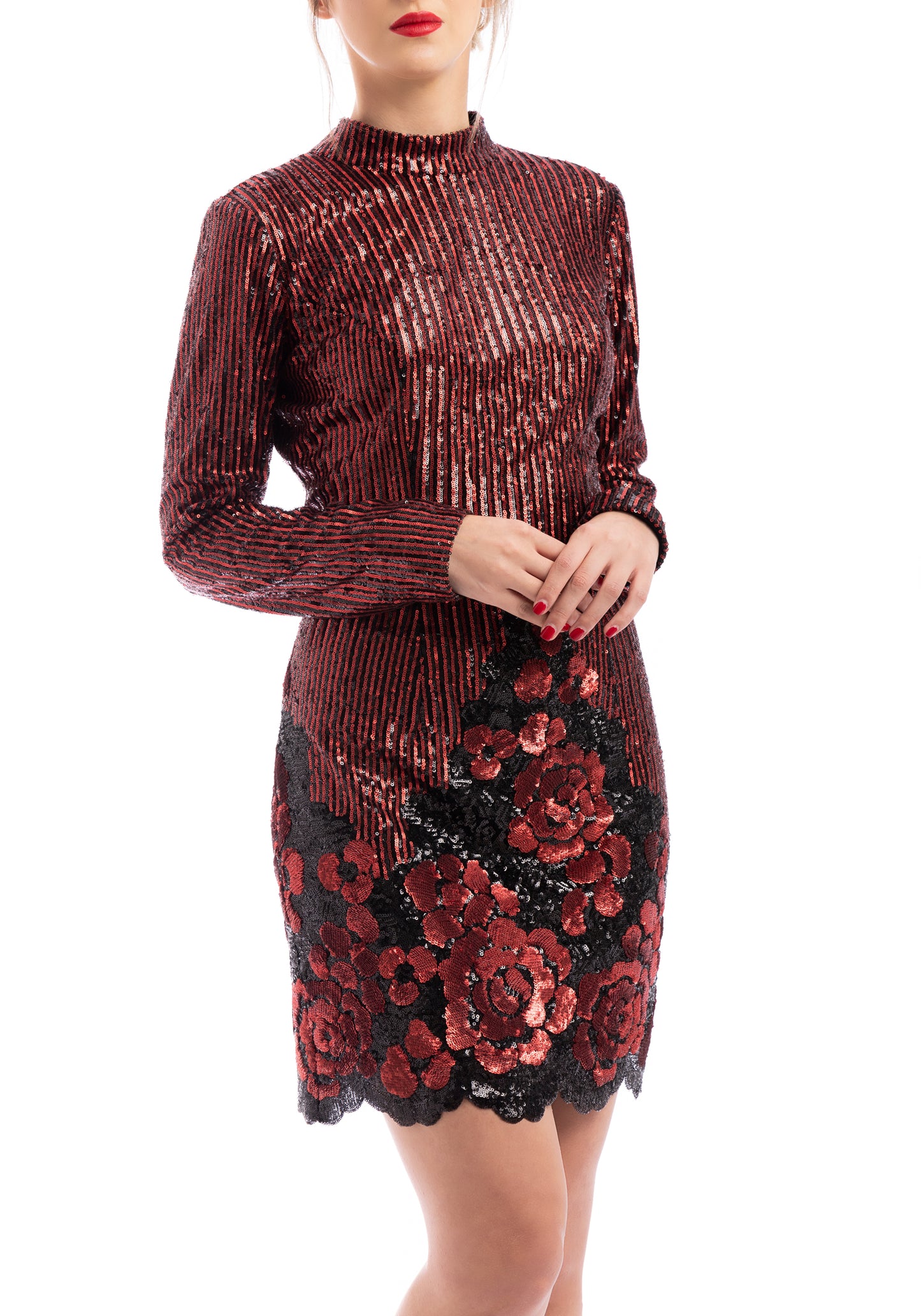 Exclusive Sequin Floral Long Sleeve Cocktail Dress