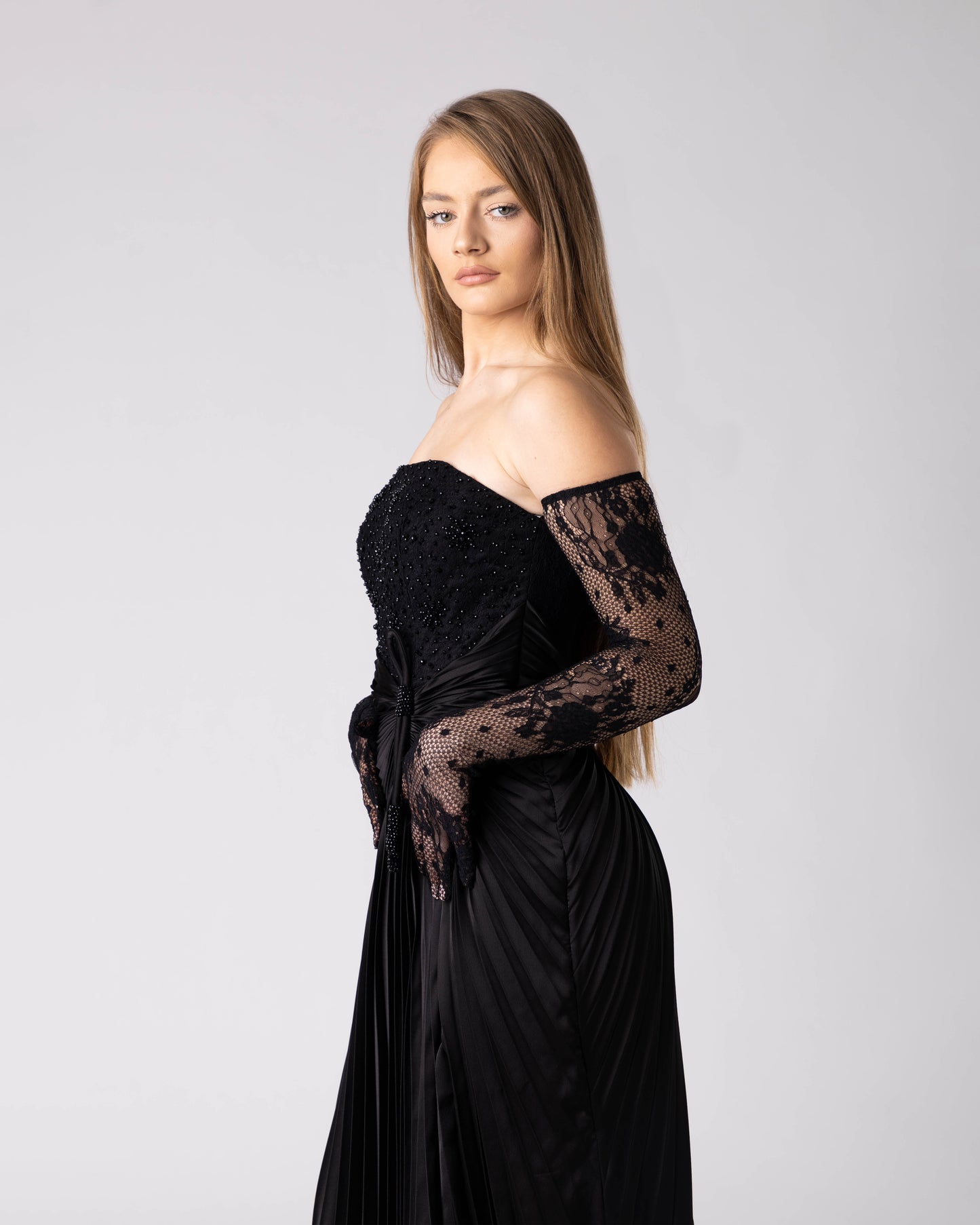 Black Draped Lace Gown