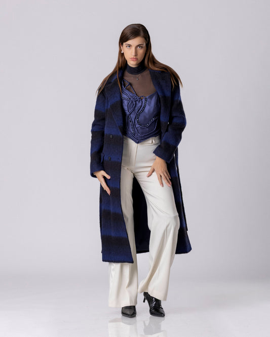 Midnight Blue Stripe Wool Coat