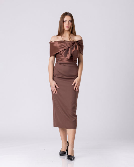 Satin Sculpted Bow Midi Dress