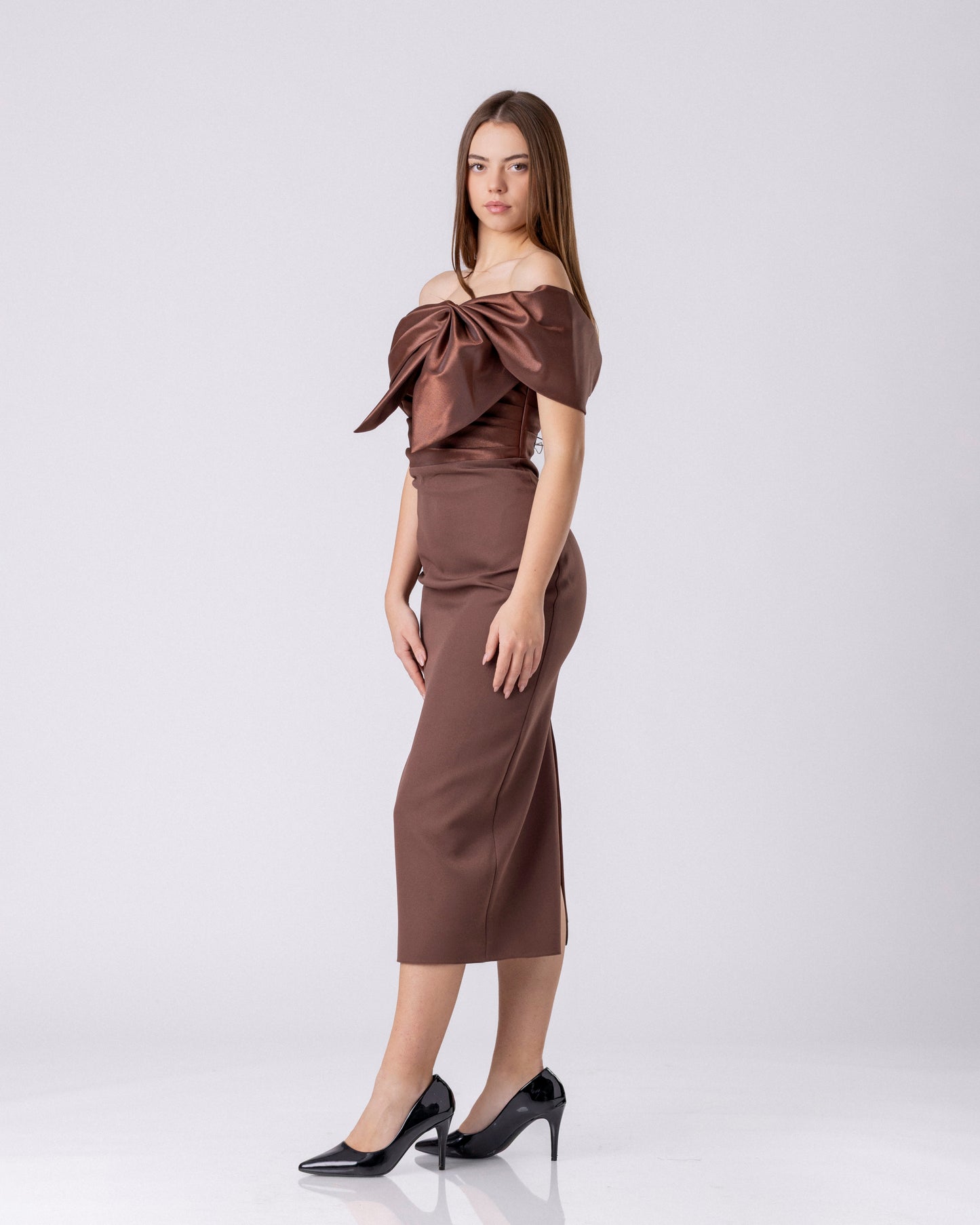 Satin Sculpted Bow Midi Dress