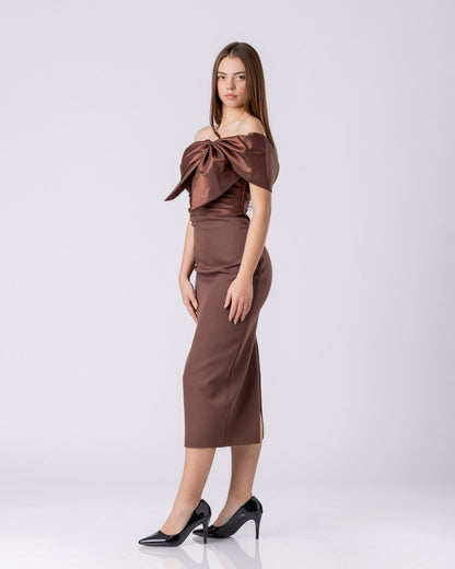 Satin Sculpted Bow Midi Dress