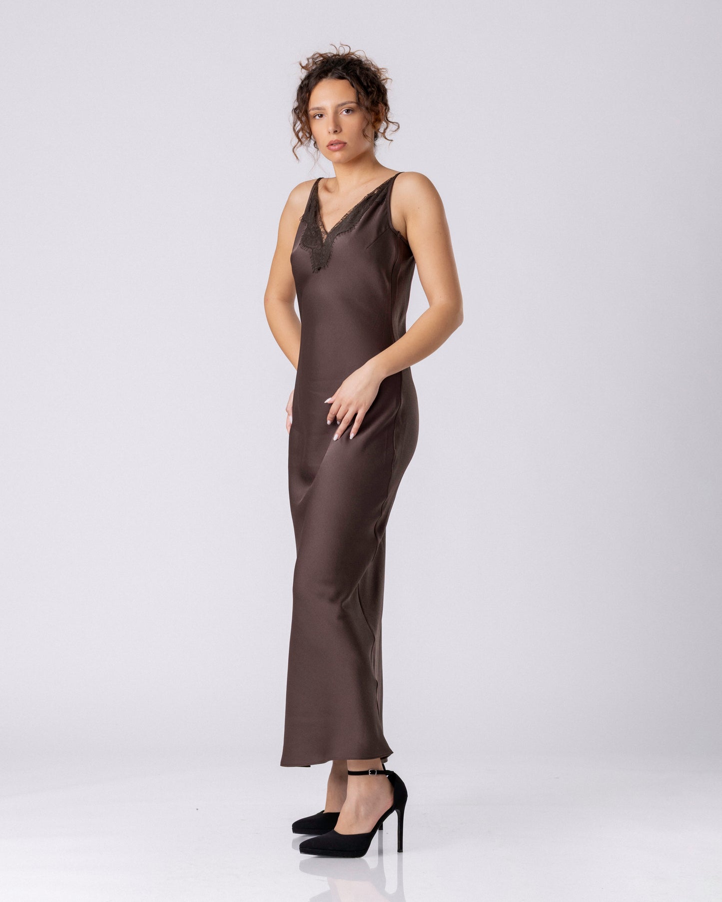 Midnight Satin Lace Slip Dress