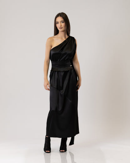 "Allegra" – Asymmetrical Satin Midi Dress
