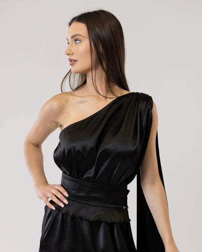 "Allegra" – Asymmetrical Satin Midi Dress