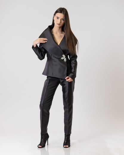 Opulent Collar Blazer & Satin Tailored Pants Set
