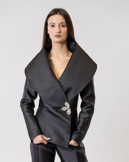 Opulent Collar Blazer & Satin Tailored Pants Set