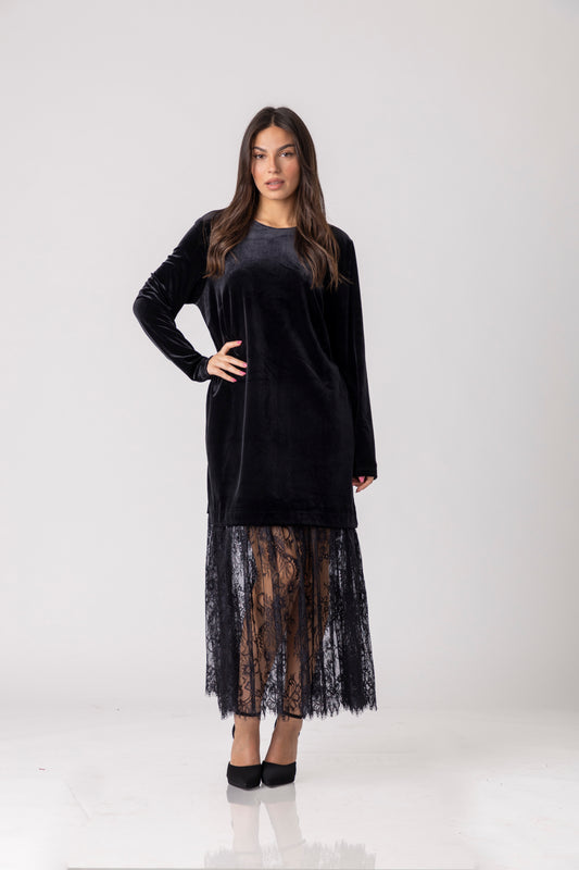 Viren Lace-Hem Velvet Dress