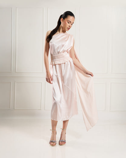 "Allegra" – Asymmetrical Satin Midi Dress