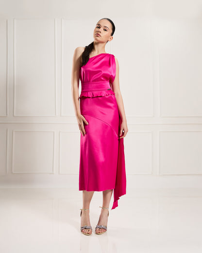 "Allegra" – Asymmetrical Satin Midi Dress