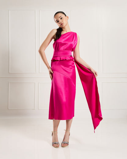 "Allegra" – Asymmetrical Satin Midi Dress