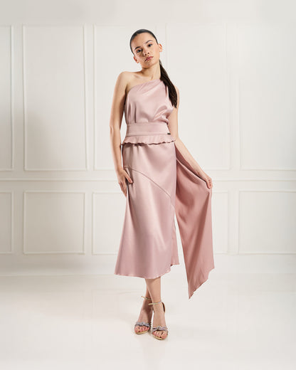 "Allegra" – Asymmetrical Satin Midi Dress