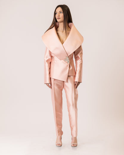 Opulent Collar Blazer & Satin Tailored Pants Set