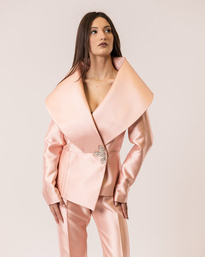 Opulent Collar Blazer & Satin Tailored Pants Set