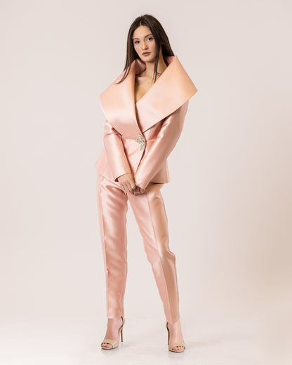 Opulent Collar Blazer & Satin Tailored Pants Set