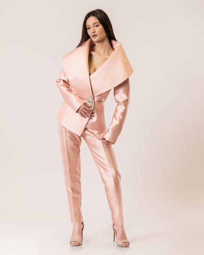 Opulent Collar Blazer & Satin Tailored Pants Set